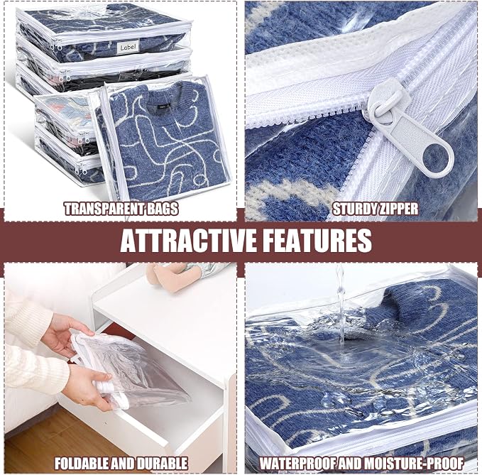 Hoolerry 6pcs Clear Zippered Storage Bag Plastic Individual Sweater Storage Bag with Zipper Label Closet Clothing Organizer for Blanket Clothes Bed Sheet Comforter Quilt Pillow(14.2 x 12 x 3.2 Inch) - Image 3