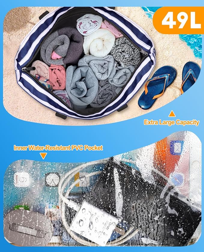ISEYOU Beach Bag with Cooler, 49L Large Waterproof Sandproof Tote with Zipper, Foldable Travel Bag for Beach, Pool, Picnic - Image 4