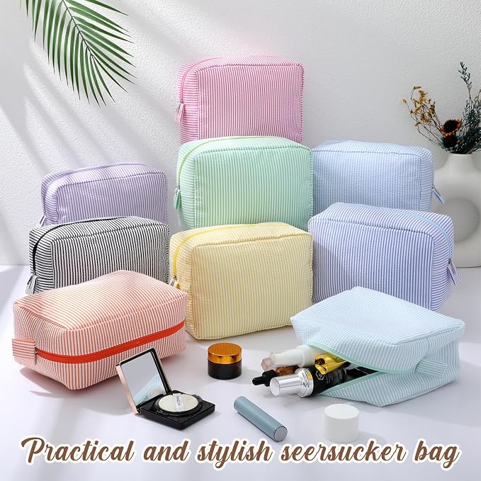 Sanwuta 9 Seersucker Cosmetic Bag Bulk Striped Makeup Bag for Women Aesthetic Cute Travel Toiletry Organizer Preppy Storage Pouch for Wedding Bridesmaid Mother's Day Teacher Gift (Large,Candy Color) - Image 4