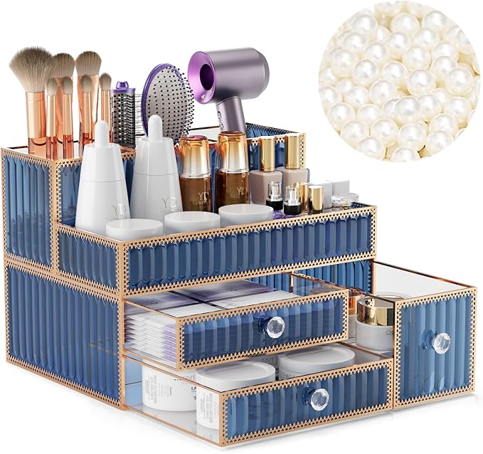Youdepot Makeup Organizer Blue - Tempered Glass Vanity Organizer for Cosmetics, Skincare, Hair Tools, Brushes, Perfume - Multipurpose Bathroom Counter Skincare Organizer by Youdepot