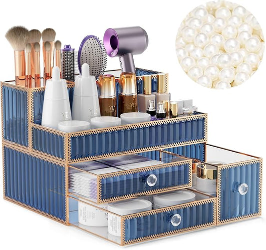 Youdepot Makeup Organizer Blue - Tempered Glass Vanity Organizer for Cosmetics, Skincare, Hair Tools, Brushes, Perfume - Multipurpose Bathroom Counter Skincare Organizer by Youdepot