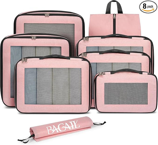 BAGAIL 8 Set Compression Packing Cubes, Expandable Luggage Organizer Bags for Travel Accessories (Pink) by BAGAIL
