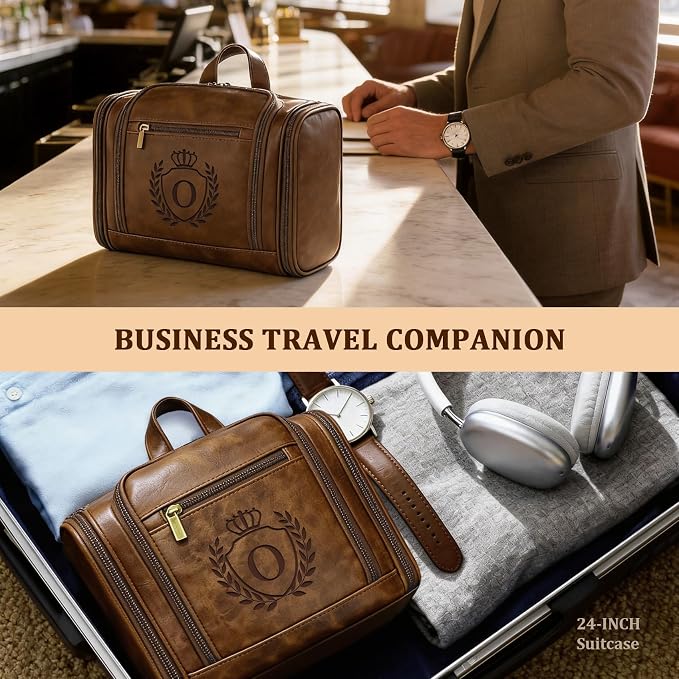 Personalized Mens Large Leather Travel Toiletry Bag Hanging Dopp Kit Grooming with Laser Engraved Initials, Custom Monogrammed Gifts for Groomsmen Groom Boss Friend Brother, Mustard Letter O - Image 7