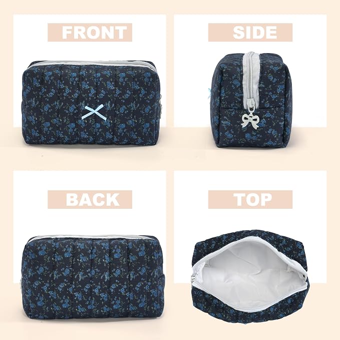 Makeup Bag Travel Toiletry Bag for Women, Small Cosmetic Bags Aesthetic Organizer Quilted Cotton Makeup Pouch&Purse Emergency Bag Floral Pencil Case Accessory Bag, Midnight Blue - Image 3