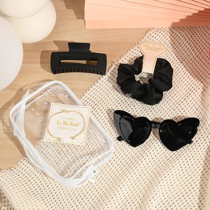 DEEKA 5 Pcs Bridesmaid Proposal Bag Set Gift Clear Makeup Toiletry Bag Bachelorette Party Favors Sunglasses Hair Claw Clips Scrunchies Knot Bracelets Bridal Wedding Party Gifts (Black) - Image 7