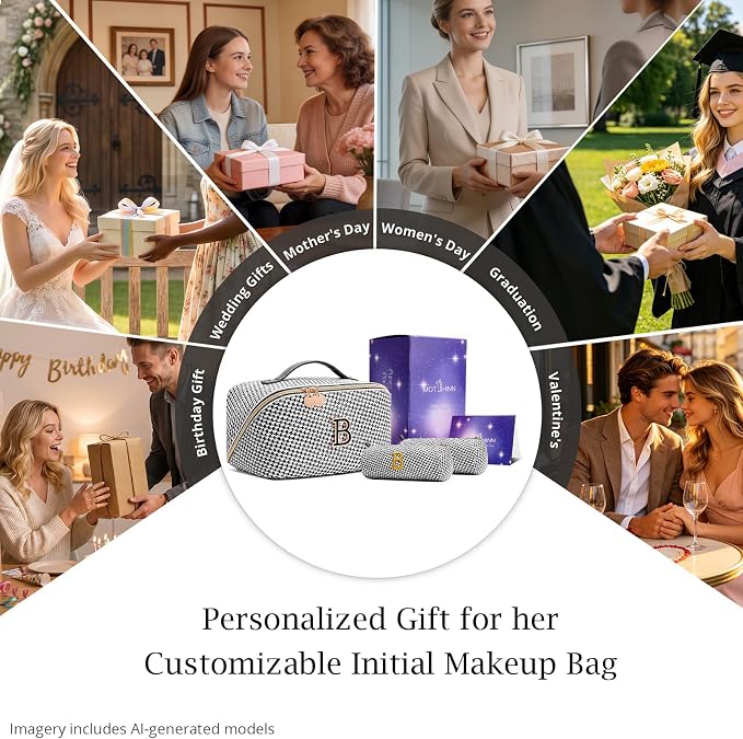 Personalized Gift Travel Makeup Bag: Initial Makeup Organizer Bag for Women | 3-in-1 Custom Make up Bag Set - Vegan Leather Travel Cosmetic Bag - Luxury Gift for Women – Birthday, Anniversary, Graduation - Image 7