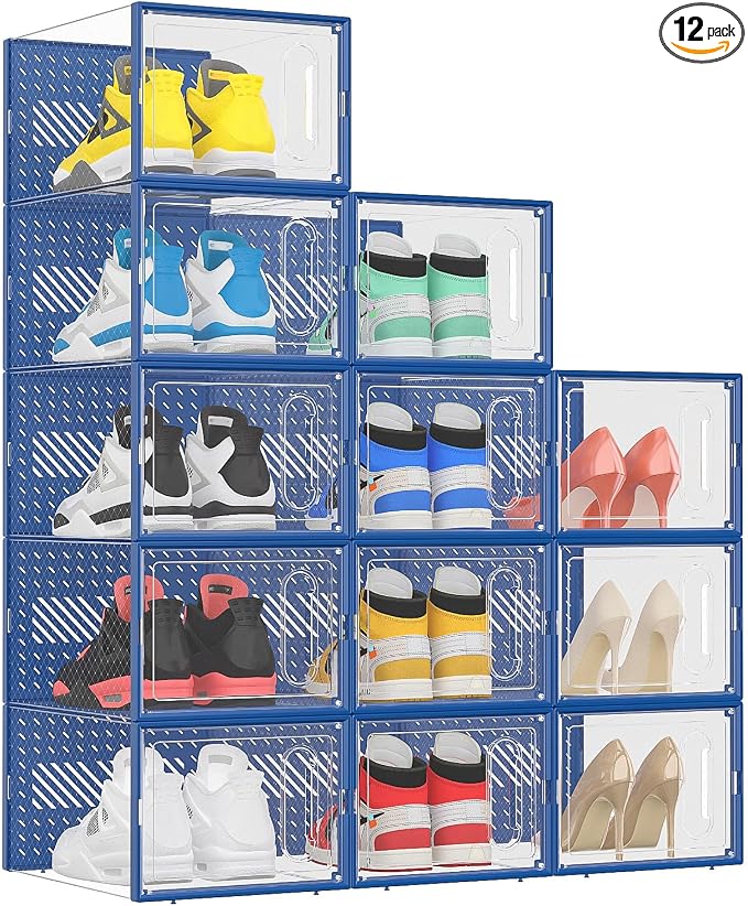 eWonLife Large Shoe Organizer Storage Box with Magnetic Door,12 Pack Clear Plastic Stackable Sneaker Containers for Closet, Connect Left and Right Shoe Box for Entryway, Drop Front, Under Bed (Blue) by EnjoyWonderfulLife-eWonLife