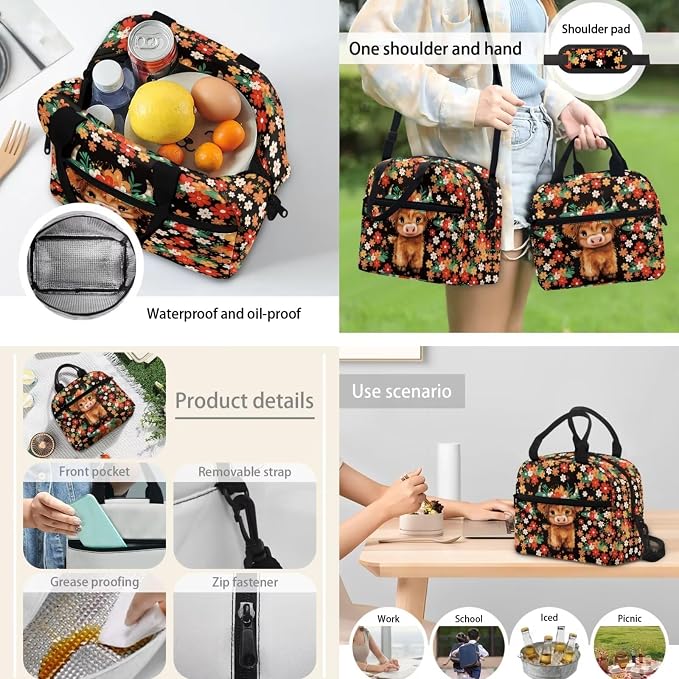 Kids Cute Floral Highland Cow Backpack Set, Lightweight School Backpack for Kids Elementary Bookbag for Students with Adjustable Strap, 3pcs with Lunch Box And Pencil Case - Image 3