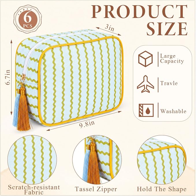 Kacctyen 6 Pack Mustard Yellow and Sage Green Striped Makeup Bag bulk with Tassel Travel Cosmetic Pouch Organizer Large Zipper Toiletry Case for Women Aesthetic Storage Pouch Mahjong Tile Bag - Image 2