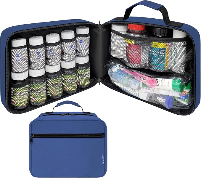 Large Pill Bottle Organizer & Medicine Bag for Travel, Blue | Prescription bottle organizer with 10 bottle pockets and padded storage for medication bottles, supplements, vitamins by StarPlus2