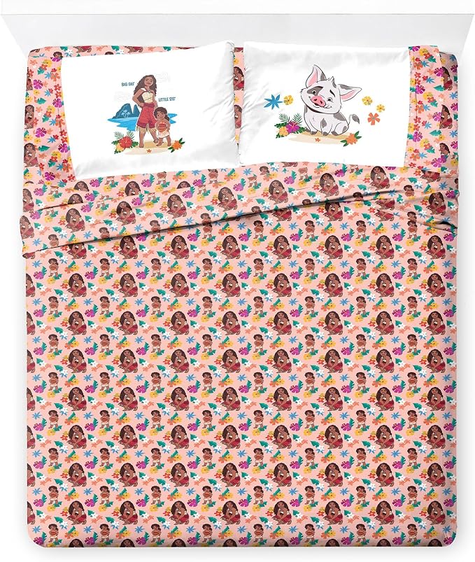 Jay Franco Kids Sheet Set with Fitted, Flat Sheets & Pillow Cover - Ultra-Soft Bedding with Pillowcase for Room Decor, Pink - Moana, 4 Piece Full by JayFranco