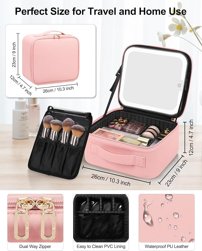 Chomeiu Makeup Bag with LED Mirror, Cute Cosmetic Bags for Women and Girls, Travel Train Case Artists Organizer Large Make Up Bags with 3 Color Light Up Mirror & Removable Brush Compartment, Pink - Image 7