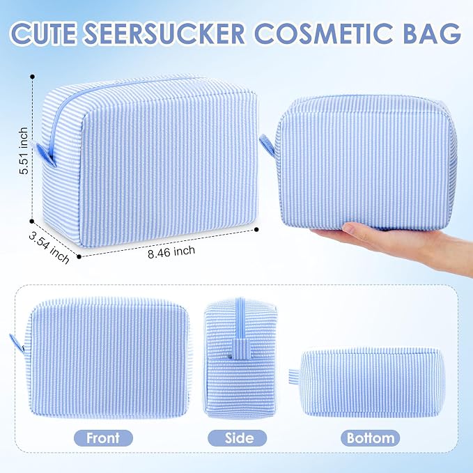 Sanwuta Seersucker Cosmetic Bag Bulk Striped Makeup Bag for Women Aesthetic Cute Travel Toiletry Organizer Preppy Storage Pouch for Wedding Bridesmaid Mother's Day Teacher Gift(Large,Light Blue,6) - Image 2