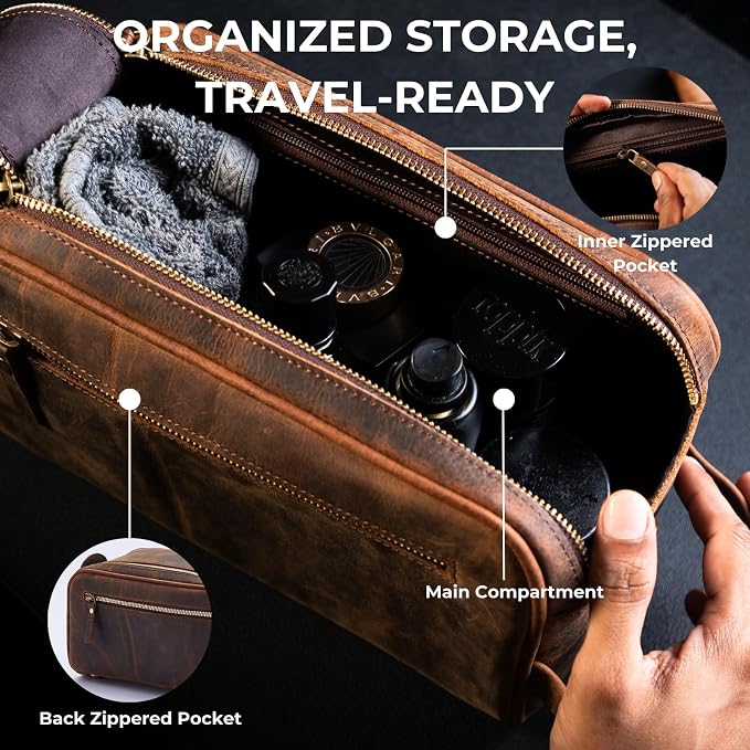King Size Premium Leather Travel Toiletry Bag for Men and Women - Water-Resistant Dopp Kit - Mens Bathroom Bag, Shaving & Cosmetic Organizer - Toiletry Bag, Travel Bag Leather, Unisex Use - Image 6