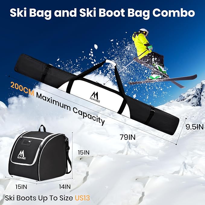 Hsmihair Ski Bag and Ski Boot Bag Combo-Padding Skis Bag for Air Travel,Water Proof Ski Boot Bag Fits for Skis Up to 200 CM and Boots Up To Size US13,Adults Ski Travel Bag - Image 2