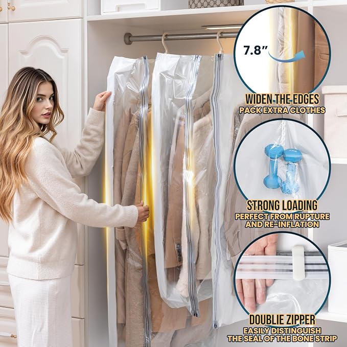 TAILI Hanging Vacuum Sealer Storage Space Saver Bags for Clothing, Suits and Jackets, Closet Organizers, Wider Sides (3 Long, 3 Short) Cream - Image 3