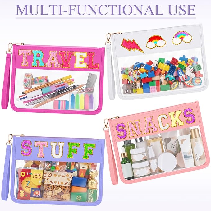 Sweetude 24 Pcs Clear Makeup Bags with Wristlet Pouch DIY Chenille Letter Bag Bulk Waterproof Toiletry Flat Preppy Nylon Clear Zipper Pouches Snack Organizer for Women (Pink Purple) - Image 5