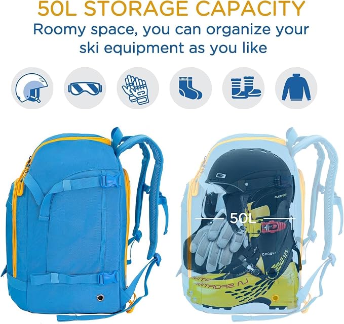 WOLT Ski Boot Bag Backpack - 50L Snowboard Boot Bag for Air Travel for Snow Boots, Ski Helmet, Gloves, Goggles, Skiing Gear - Image 2