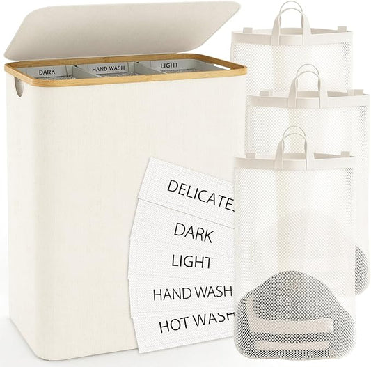 Hampers for Laundry Basket with Lid, 160L Large Laundry Hamper 3 Section | Dirty Clothes Hamper Separator with 3 Removable Bags & 5 Labels, Divided Laundry Organizer for Bedroom, Laundry Room, Beige by Bathola
