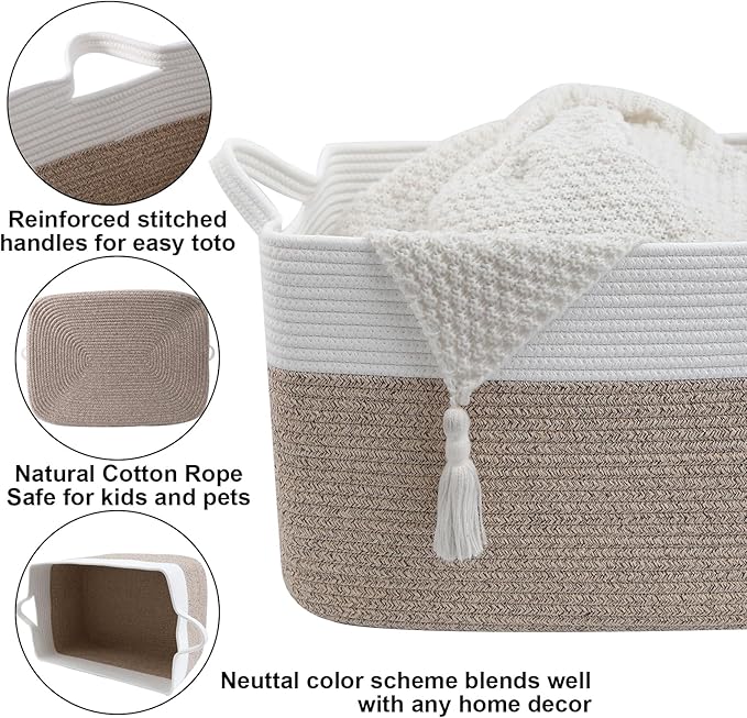 65L Collapsible Woven Rope Laundry Basket with Handles-White/Brown | 21x16x12 Foldable Rectangular Blanket Basket for Toys, Clothes & Pillows,Ideal for Nursery, Bathroom, Bedroom, Living Room - Image 3