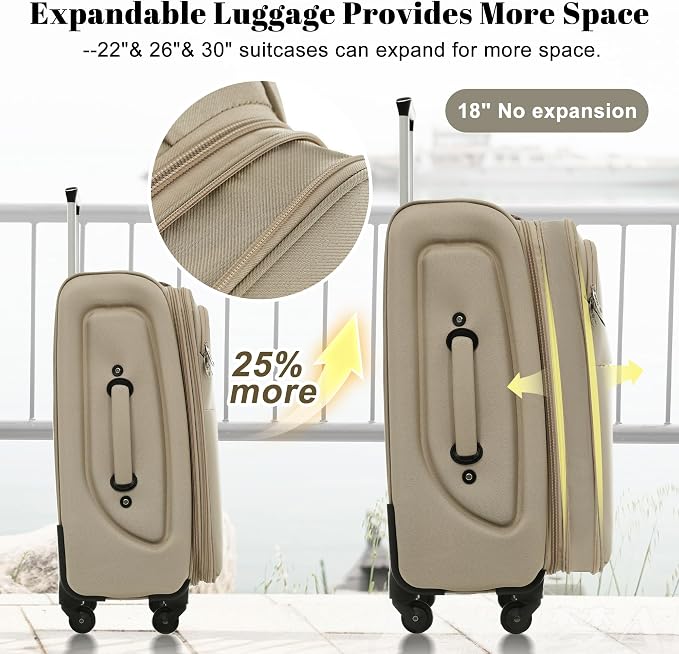 Merax 4-Piece Expandable Luggage Set,Softside Suitcase,Khaki | 18" 22" 26" 30" Lightweight Luggage with Spinner Wheels,Suitcase Set with TSA Lock,Front Pocket & Interior Organization - Image 4