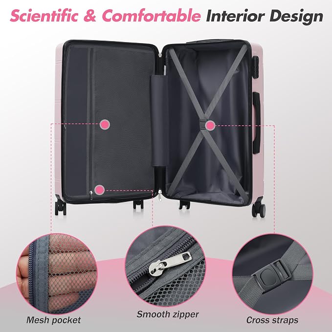 Merax Luggage Set,6 Piece Suitcase with Bags,Lightweight Carry on Luggage | 14/20 IN Airplane Approved,24/28IN Hardside Suitcase with Double Spinner Wheels Handle Password Lock,Pink - Image 5