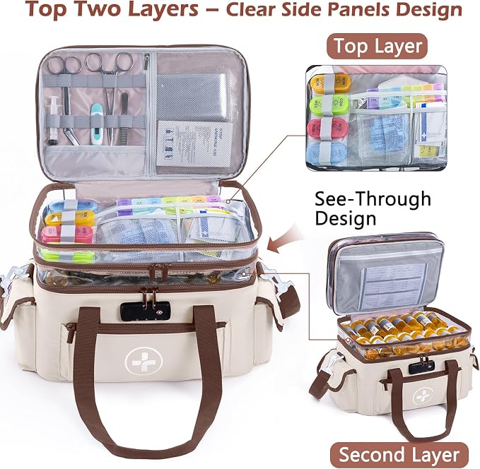 BAGSFY 3-Tier Medicine Organizer with Combination Lock – Large Medicine Bag, Empty First Aid Kit Case, Pill Bottle Medical Supply Organizer, Travel Prescription Bag, Medication Storage Container - Image 3