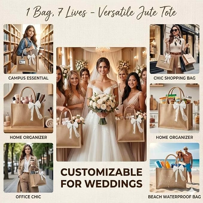 Large Burlap Tote Bags Set with Handles,Jute Tote Waterproof Reusable Bridesmaid - Image 8