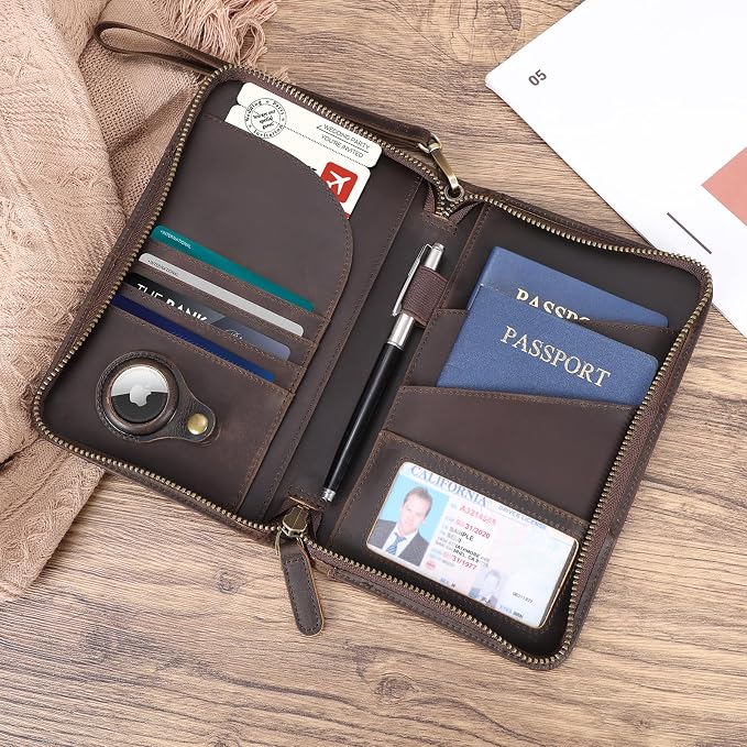 Polare Full Grain Leather Passport Holder With YKK Zipper RFID Blocking Travel Document Organizer Ticket Holder Cover Case Holds 2 Passports (Dark Brown with AirTag Slot) - Image 3