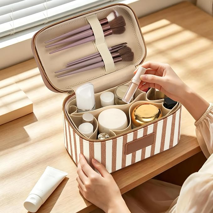 Makeup Bag Travel Toiletry Leather Cosmetic Case, Waterproof Makeup Organizer with Brush Holder, Wipe Clean Removable Divider Vanity Train Bag for Women, Caramel Brown - Image 6