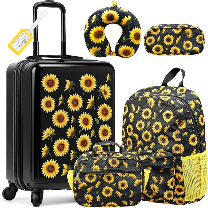 Redbaker 6 Pcs Kids Luggage Set, 17 Inch Rolling Suitcase with Backpack Lunch Bag Neck Pillow, Sunflower Travel Set for Summer Vacation Sleepover Back to School Gift by Redbaker