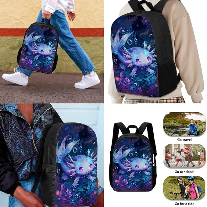 Galaxy Axolotl Backpack with Lunch Box Kids Girls 6-8/5-7 Ocean Elementary School Bookbag Lunch Bag Pencil Case Water Bottle Holder 17in Under the Sea Book Bags 4PCS Student Back Pack Set - Image 3
