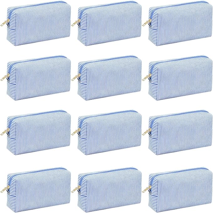 12 PACK Makeup Bags-Bulk Seersucker Cosmetic Bag for Women Bridesmaid Gifts Makeup Pouch for Wedding Party Favors Bachelorette Party Decorations Travel Toiletry Organizer Graduation Gifts(12, Blue) by Home