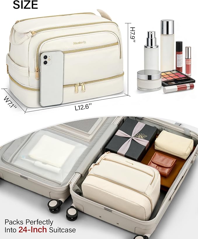 Hanke Travel Toiletry Bag, Lightweight Wide-open Makeup Bag, Dual-Layer Travel Bag for Toiletries Water-Resistant Cosmetic Bags Large Toiletry Bags for Women & Men, Travel Essentials, Off White - Image 7