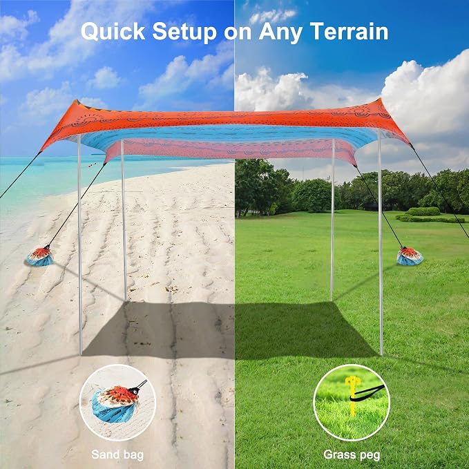 Beach Tent, Beach Canopy Sun Shade UPF 50+, Portable 10×10 FT Camping Sun Shelter with Sandbags, Poles, Ground Pegs and Anti-Wind Ropes for Outdoor, Backyard, Picnics, Sport, Fishing - Image 4