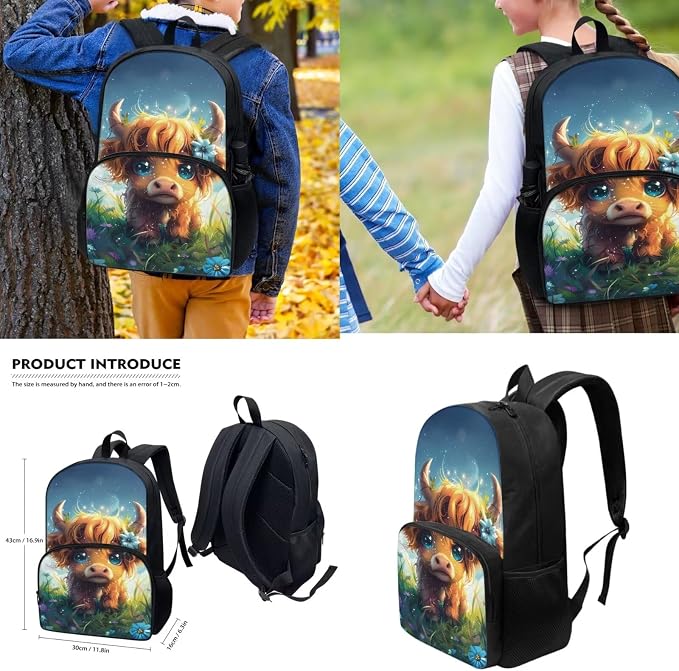 4pcs Highland Cow Backpack for Boys 8-12,Cute Highland Cow School Bag with Lunch Bag Pencil Case Water Bottle Holders Crossbody BagsElementary School Bookbag Child Travel Bag Causal Daypack - Image 3