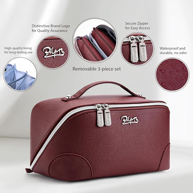 BOYATU Travel Makeup Bag Cosmetic Bags for Women: 3 Pcs Set Large Capacity Make up Bag with Handle - Waterproof Vegan Leather Toiletry Bags Travel Essentials with Compartments(C-5-Red) - Image 2