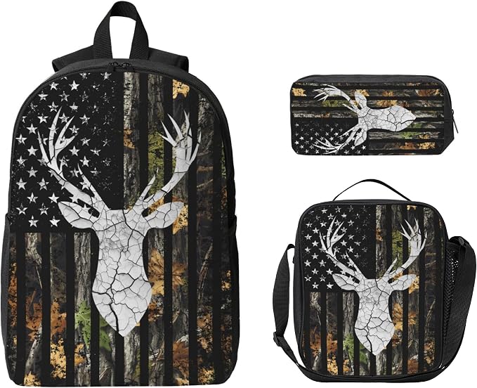 Deer Hunting Kid Backpack Set with Lunch Bag & Pencil Case Large Capacity School Bag 17 Inch Bookbag for Boy Girl - Image 9