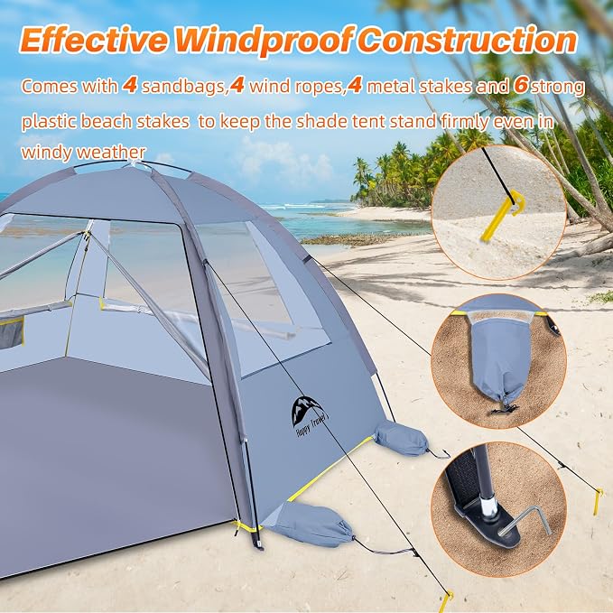 Happy Travel Beach Tent Sun Shelter for 3/4/5/6/7/8 Person, Portable UPF 50+ UV Protection Beach Shade Canopy for Family & Baby, Lightweight & Easy Setup Beach Cabana with 3 Ventilation Mesh Windows - Image 5