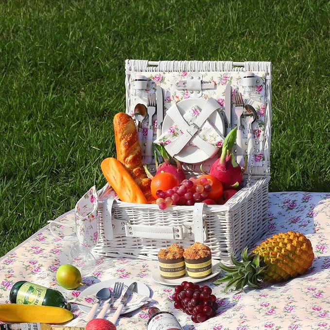 Picnic Basket Set for 4 with Waterproof Blanket Mat Insulation Bag Wicker Pink White Floral Classic Fresh Gift for Christmas Thanksgiving Wedding Birthday Camp Outdoor Beach Travel - Image 2