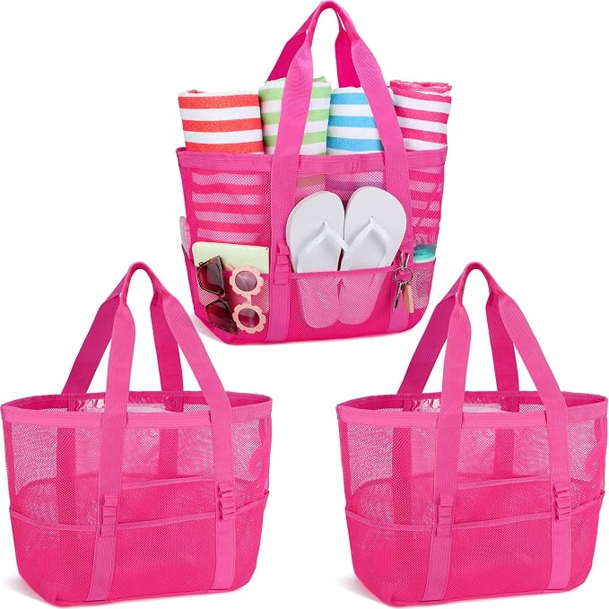 Hillban Large Beach Mesh Bags Bulk for Women Beach Tote Bag with 8 Pocket Zipper Waterproof Sandproof for Pool Cruise Ship by Hillban
