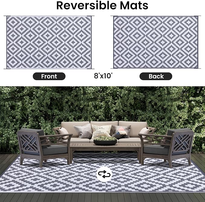 Smiry Waterproof Outdoor Rug 8x10 ft, Reversible Plastic Straw Patio Camping Rugs, Outdoor Indoor RV Mat Carpet for Patio, Outside Entry, Backyard, Deck, Bench, Picnic, Camper, White & Grey - Image 3