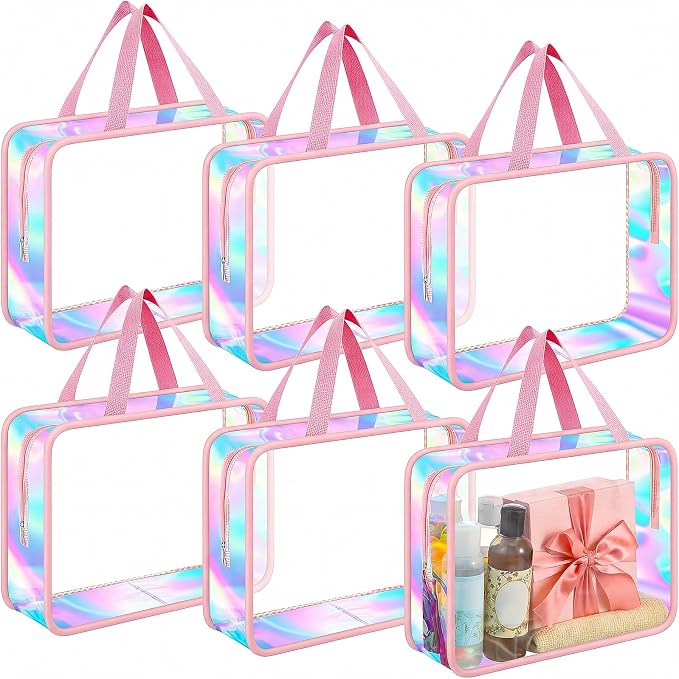 Sweetude 6 Pcs Large Clear Toiletry Bag with Handle Large Capacity Travel Iridescent Beach Makeup Bag PVC Clear Plastic Tote Punch Cosmetic Clothes Storage Organizer for Women Men (Pink) by Sweetude