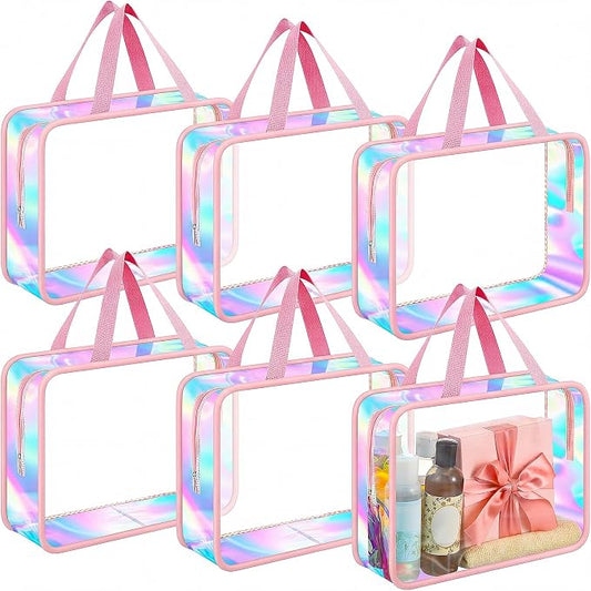 Sweetude 6 Pcs Large Clear Toiletry Bag with Handle Large Capacity Travel Iridescent Beach Makeup Bag PVC Clear Plastic Tote Punch Cosmetic Clothes Storage Organizer for Women Men (Pink) by Sweetude