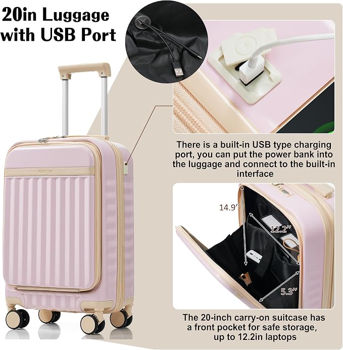 Hardshell Luggage, Lightweight Suitcase with Spinner Wheels, LIGHT PINK+USB - Image 5
