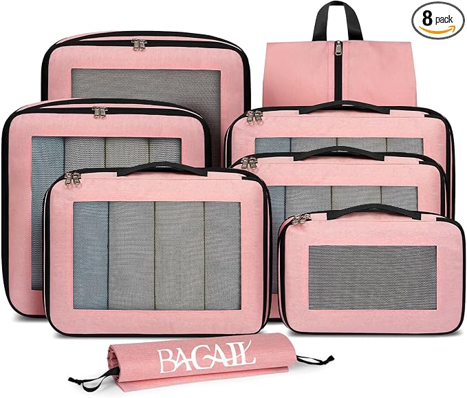 BAGAIL 8 Set Compression Packing Cubes, Expandable Luggage Organizer Bags for Travel Accessories (Pink) by BAGAIL