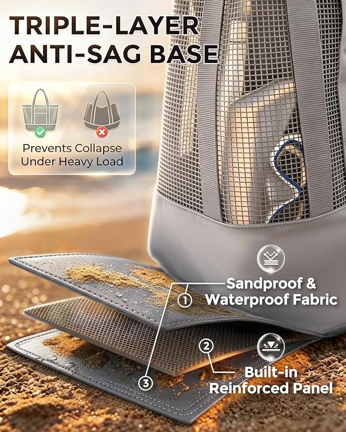Large Mesh Beach Bag, Waterproof Bottom Tote, Structured Design Waterproof Pocket, Sandproof Pool Bag for Cruise Gym - Image 9