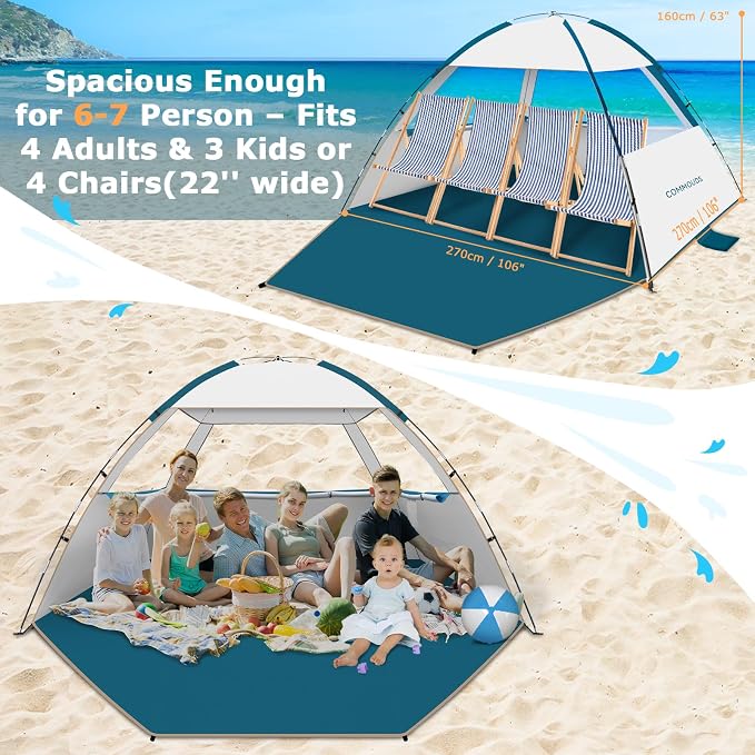 COMMOUDS Beach Tent Sun Shelter for 3/4/6/8 Person, UPF 50+ UV Protection Beach Shade Canopy Tent, Lightweight, Easy Set Up and Carry - Image 4