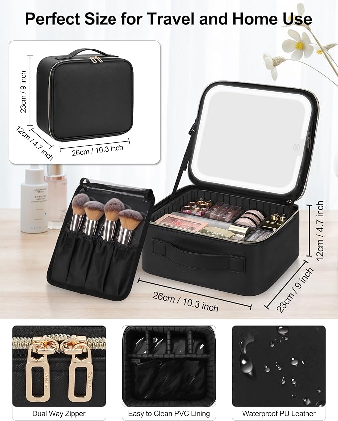 Chomeiu Makeup Bag with LED Mirror, Travel Makeup Case for Women and Makeup Artists Cosmetic Organizer Large Make Up Bags with Light Up Mirror, 3 Color Lights, Adjustable Dividers and Brush Holder - Image 6