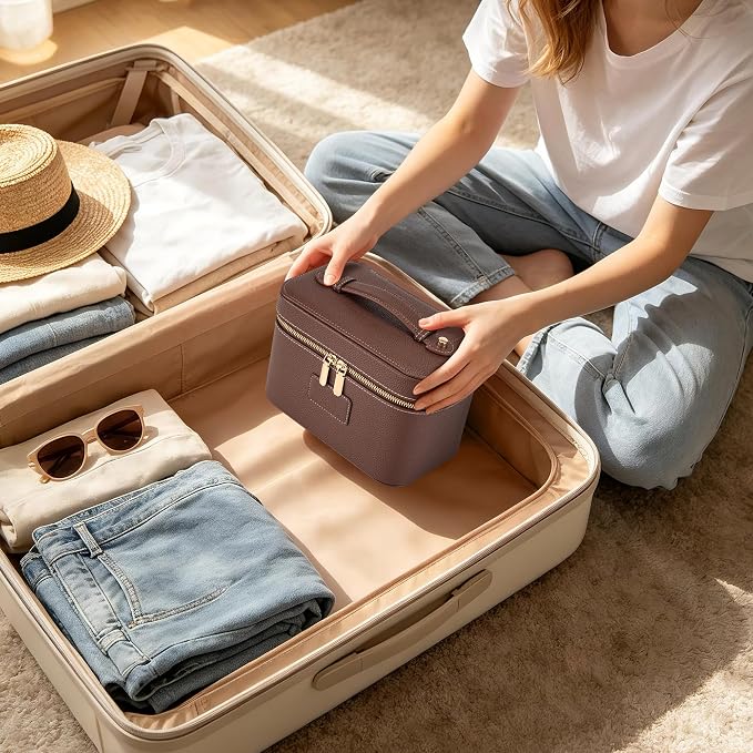Makeup Bag Travel Toiletry Leather Cosmetic Case, Waterproof Makeup Organizer with Brush Holder, Wipe Clean Removable Divider Vanity Train Bag for Women, Brown Coffe - Image 5